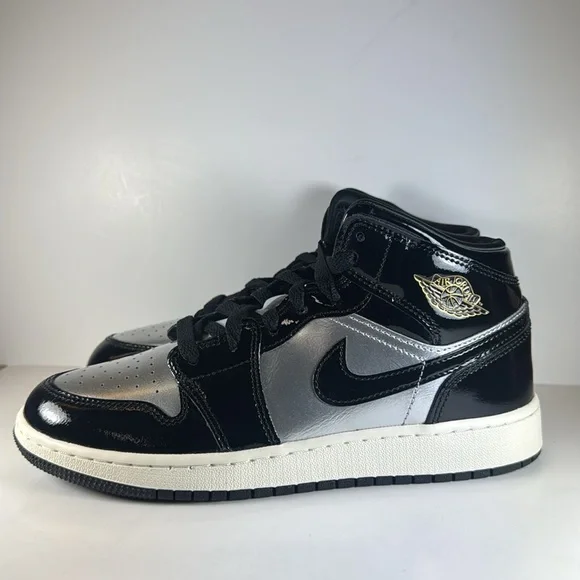 Nike Air Jordan 1 Mid Black Metallic Silver Gold Big Kid’s Size 6.5 Sneakers